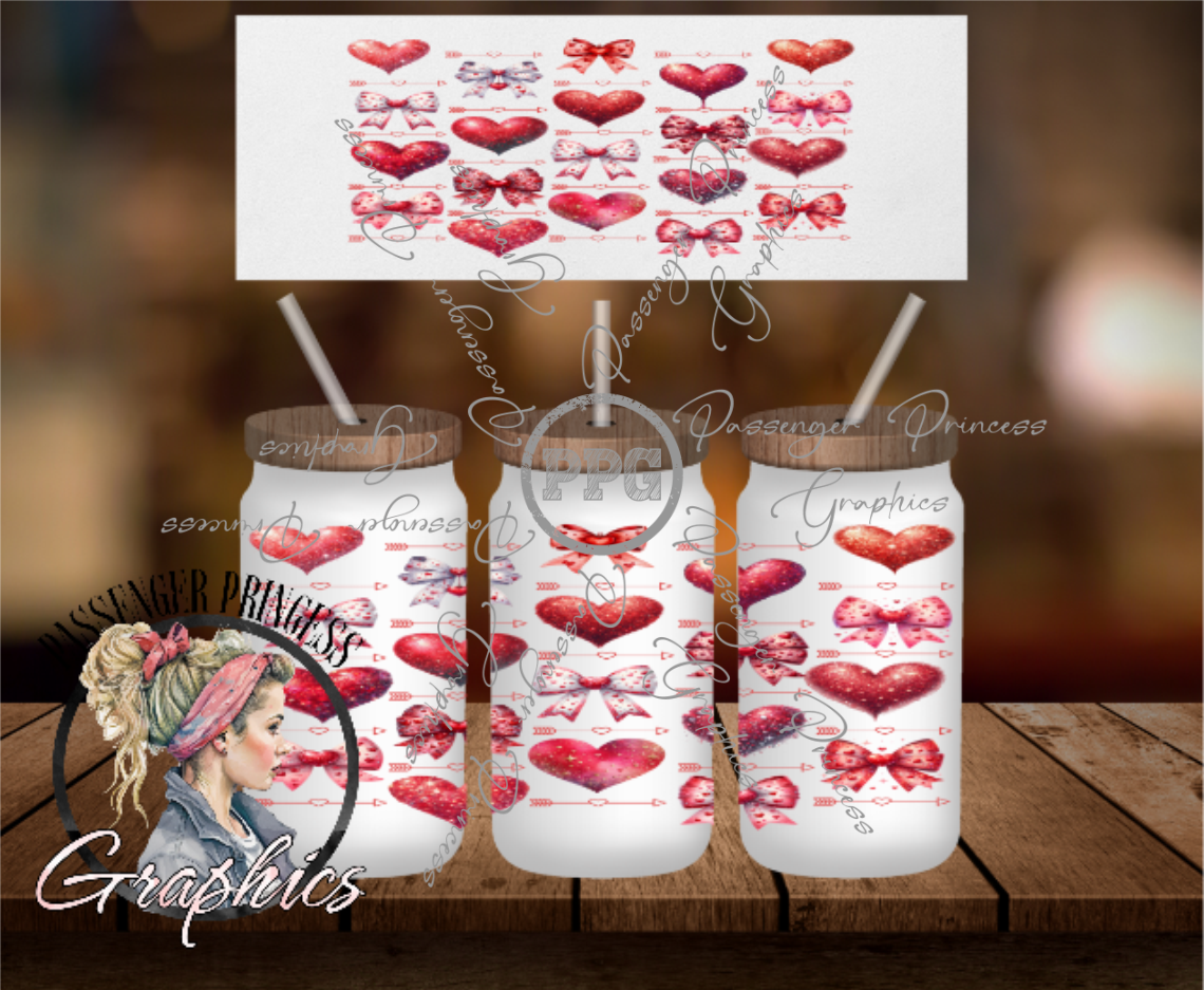 Hearts and Bows Glass Tumbler Wrap PNG Download