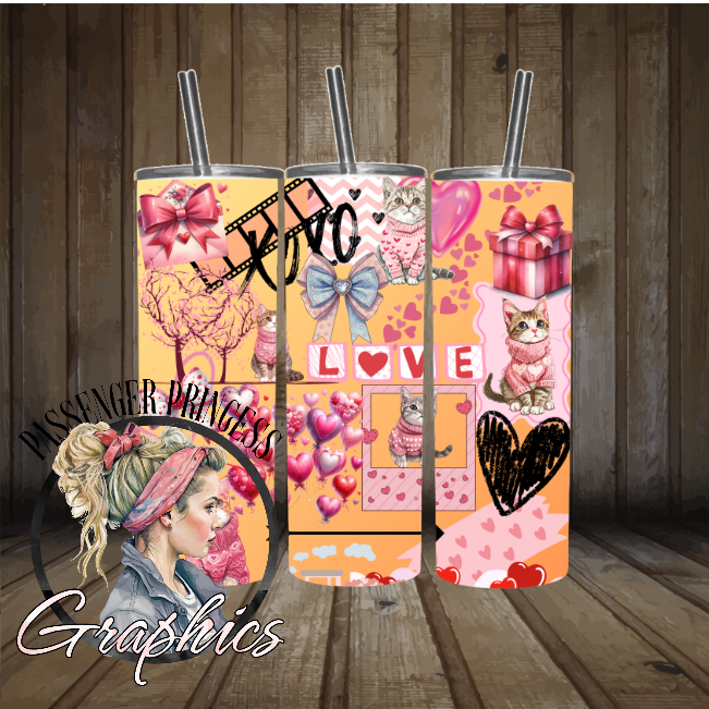 Valentine Kitties 20oz Skinny Tumbler Wrap PNG Download